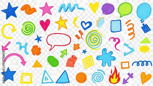 Collection of colorful hand drawn doodle elements including stars hearts arrows and shapes on transparent background