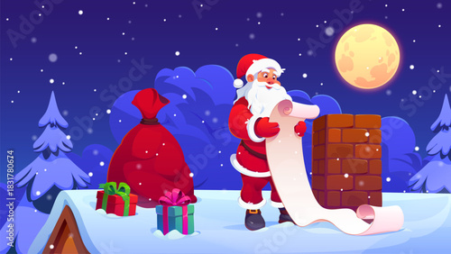 Santa with gifts and wish list on the roof, vector Christmas winter holidays. Cartoon Xmas night scene of cute Santa Claus character reading Christmas gifts wishlist near chimney on the snow roof top