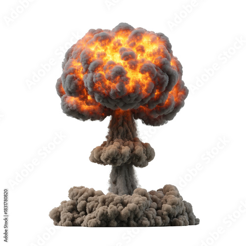 Explosive fiery mushroom cloud, dramatic nuclear explosion with intense orange flames, thick dark smoke, and powerful energy, isolated on transparent background, symbolizing destruction