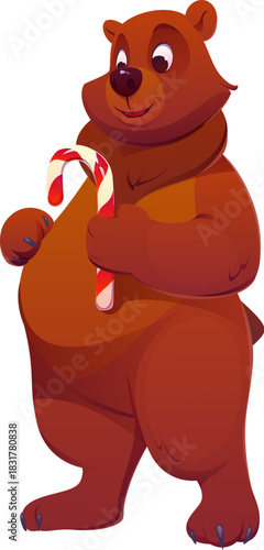 Christmas bear or cartoon animal character for Xmas winter holiday, vector personage. Funny bear with happy smile on face and candy cane sweets for Christmas greeting and New Year animal character