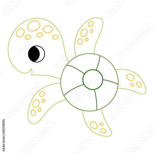 Cute turtle with bold colorful outline. Flat vector illustration isolated on white background. Fun ocean animal coloring page for kids. Easy activity worksheet for preschool projects