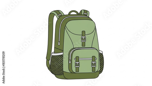 Illustration of a green hiking backpack for travel adventure gear and camping equipment perfect for outdoor use