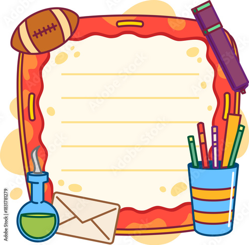 School education stationery items kids memo note template. Kids study supply vector memo note, kid learning planner frame. School education stationery label with pencils, chemistry flask and ball