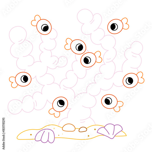 Corals and cute little fish with bold color outline. Flat vector illustration isolated on white background. Ocean animal coloring page for kids. Easy activity worksheet for preschool projects