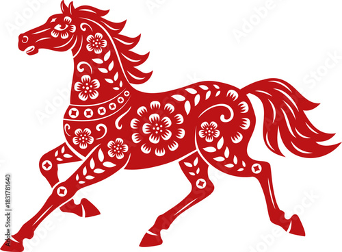 Red horse animal for Asian Chinese New Lunar year and horoscope, vector symbol. 2026 Year of Horse by Chinese lunar horoscope, horse with paper cut flowers ornament pattern for Asian New Year holiday