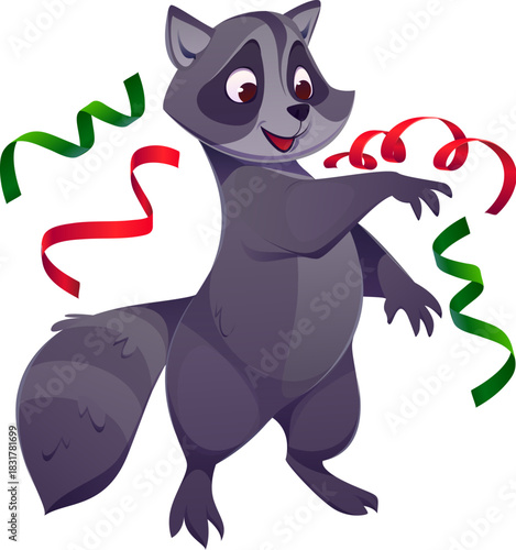 Christmas raccoon or cartoon animal character for Xmas winter holiday, vector personage. Funny raccoon with happy face playing confetti tinsel for Christmas greeting and New Year animal character
