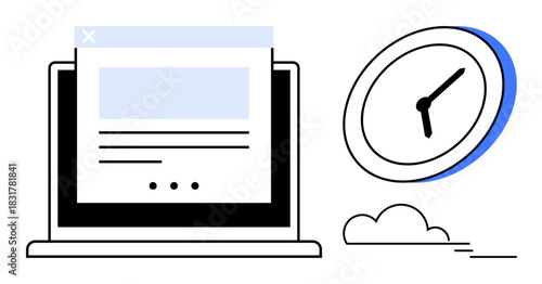 Open laptop displaying a webpage alongside a clock and a small cloud. Ideal for technology, time management, productivity, efficiency, online work, deadlines, digital minimalism. Simple flat metaphor