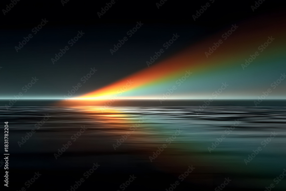 Fototapeta premium A serene seascape horizon under a dramatic sunset with vibrant rainbow hues reflecting on the calm water, creating a tranquil and inspiring atmosphere ideal for design and print projects.
