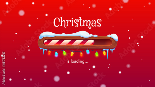 Christmas loading candy cane bar as Xmas winter holiday download countdown vector concept. Cartoon progress bar with red white striped candy cane pattern loading scale, Christmas lights, snow and ice