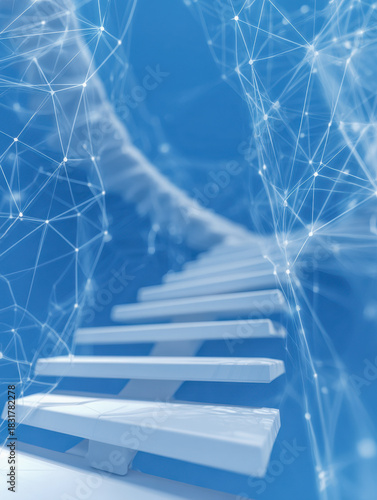 Abstract digital representation of a dna double helix made of connected lines and nodes with floating white bar structures symbolizing genetic sequencing data