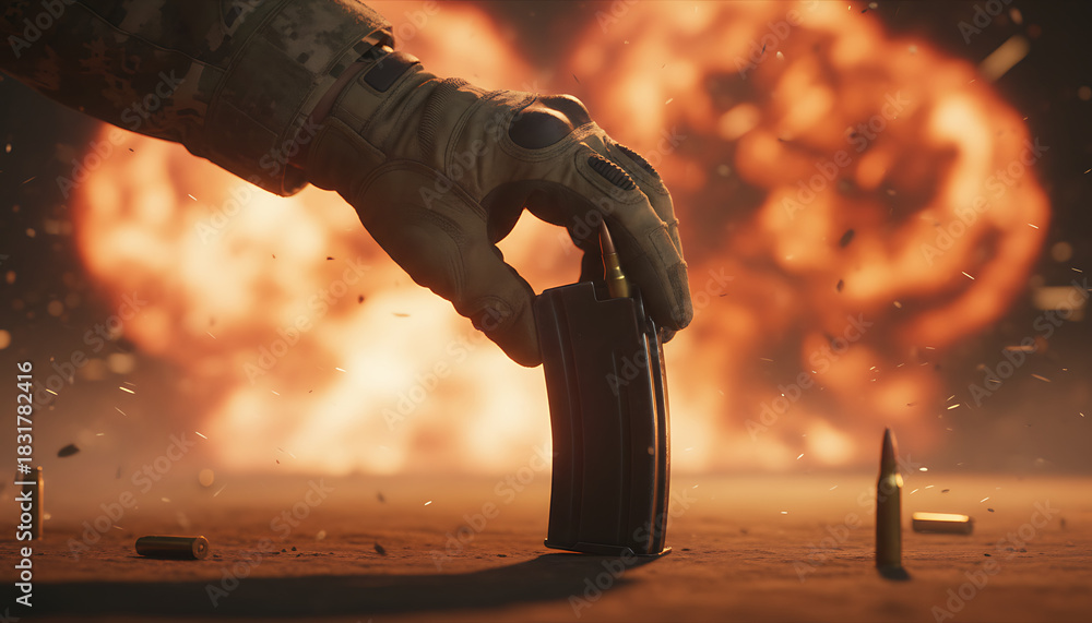 Obraz premium Soldier reloads ammunition magazine amidst explosions in the heat of battle