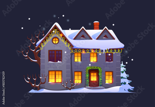 Christmas house in snow with lights in windows for winter holiday, cartoon vector. Village house or town cottage at night with fir tree and Christmas light garland decoration on door porch and roof