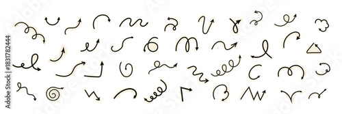 Spiral arrow doodle, collage cutout wavy twist minimal squiggly line horizontal set. Curve comic turn way cut out direction. Playful quirky simple free hand elements. 