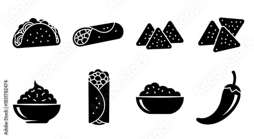 Mexican food set glyph icons tacos burrito nachos salsa chili pepper vector