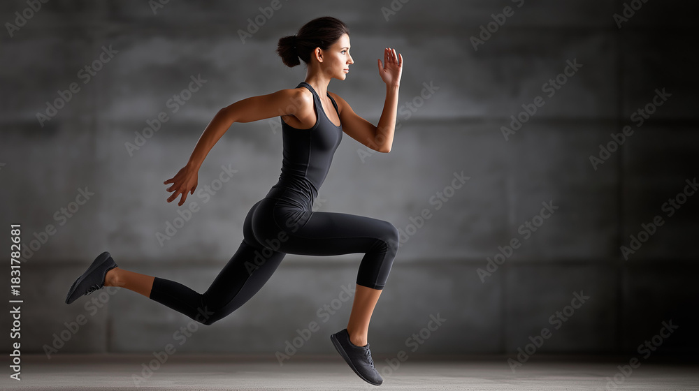 Obraz premium Young woman sportswear jumping with defocused wall behind, faceless active training, fitness visualization detail, blurred background, motivation concept, exercise interface, dynam