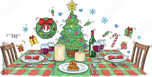 Crayon Christmas Party Table Doodle Illustration.