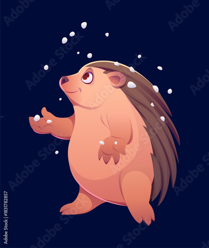 Christmas hedgehog or cartoon animal character for Xmas winter holiday, vector personage. Funny hedgehog or porcupine animal with happy face catching snow or snowflakes of Christmas or New Year snow