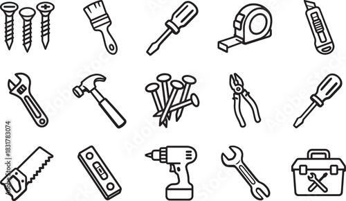 An assortment of essential tools is neatly arranged in this monochrome image, the collection offering an inviting invitation to the world of construction and repair.