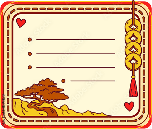 Asian landscape, japanese kids memo note template. Schedule vector Korean label, scrapbook Asian motif kids memo note. Planner Japanese frame with bent tree, mountains, golden charms and tassel