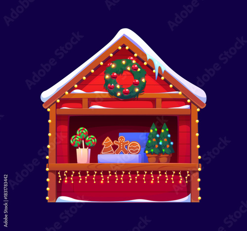 Christmas market stall with wreath, gifts, candies and cookies. Cozy winter kiosk booth with festive garland, tree decor and holiday lights. Cartoon vector wooden night shop for seasonal celebration