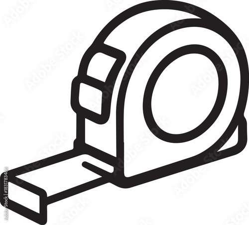 A detailed monochrome illustration of a compact tape measure, showcasing its practical design and measuring potential.
