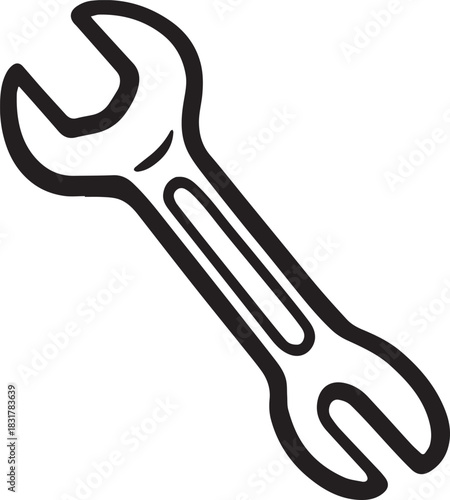 A simplified illustration of a wrench, the quintessential tool, rendered in black and white. It symbolizes mechanical ingenuity, repair, and construction.