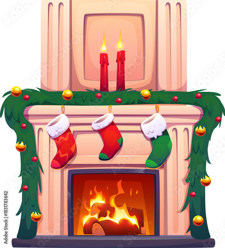 Cartoon Christmas fireplace interior with warm flame inside the furnace, hanging stockings on the shelf, burning candles and long garland fir branch with ornaments. Vector cozy chimney for winter home