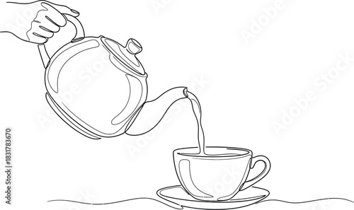 Hand pouring tea from teapot into cup in continuous line drawing style art