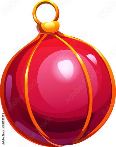 Cartoon red Christmas tree ball decoration with golden ornament. Vector isolated glossy bauble for winter holiday xmas decorating. Retro toy with shiny surface, merry season celebration shape decor