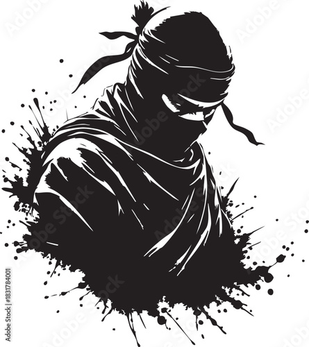 Ninja vector silhouette in black and white style with masked face, stealth pose and dynamic ink splatter illustration