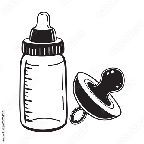 Baby bottle and pacifier outline vector