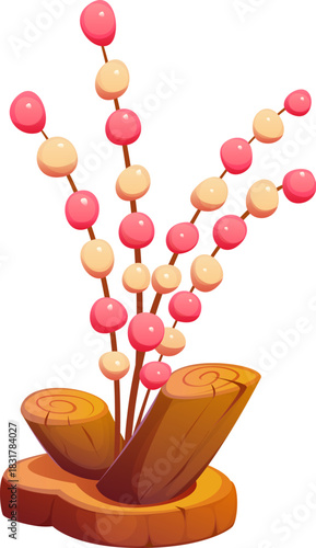 Cartoon Japanese new year decoration featuring mizuhiki arrangement with mochi balls on twigs, set in a wooden base. Seasonal festive traditional holiday decor, symbolizes good fortune and prosperity