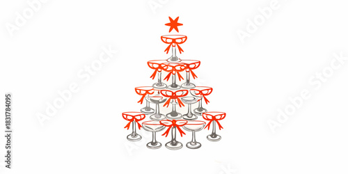 Champagne tower christmas tree with red bows and star topper
