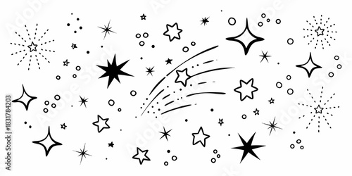 Hand drawn starry sky black and white doodle celestial elements