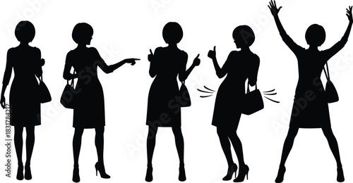 Woman with handbag silhouette, expressive poses, pointing and thumbs-up, black vector, motion lines, dress figure, emotional gesture, character design, storytelling concept