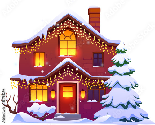 Christmas house in winter snow for holiday with Xmas lights in windows, cartoon vector. House in snow decorated with garland and fire or pine tree, Christmas home with snowy caps on roof and chimney