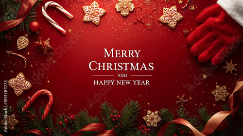Fototapeta Naklejka Na Ścianę i Meble -  Elegant Red Background Merry Christmas and Happy New Year with Christmas theme Christmas ornament decoration for flyers, banners, backgrounds, greetings, text space