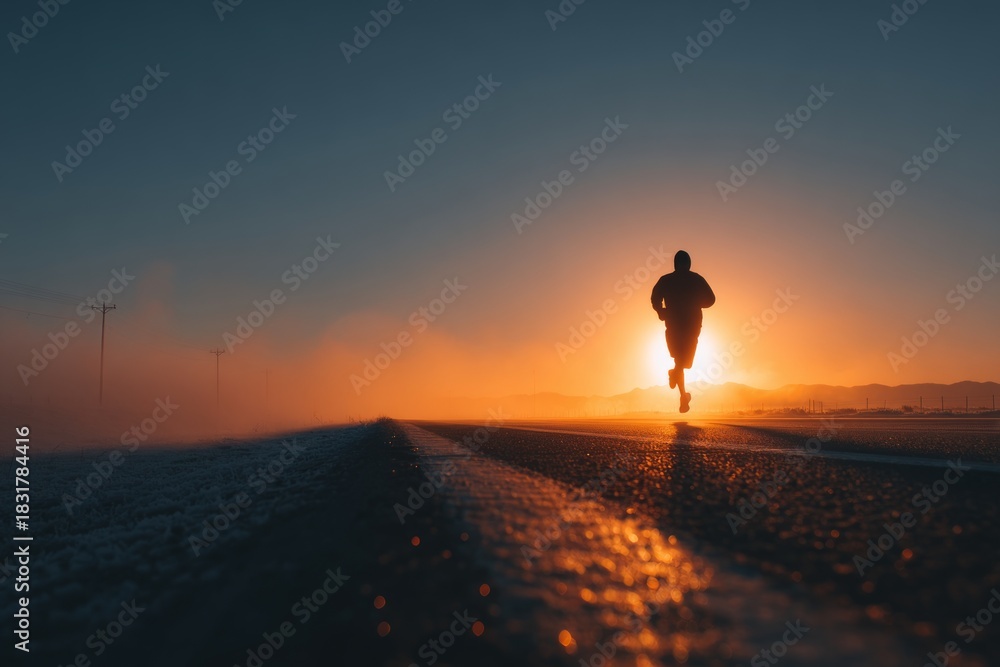Fototapeta premium Runner training on a misty road at dawn or dusk, creating motivation and determination