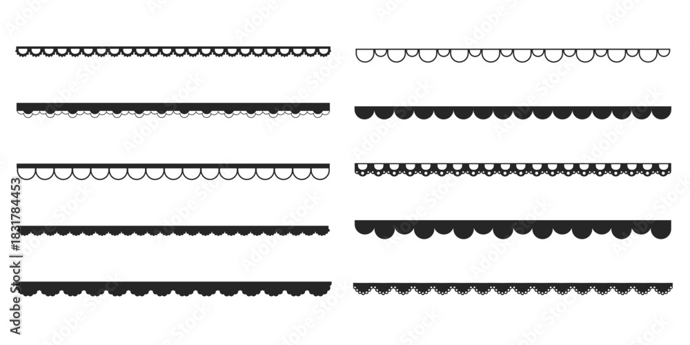 Naklejka premium Scalloped edge lace border, textile frill stripe. scalloped border, frame, pattern isolated. Zigzag edge border, cutout decoration line frame collection