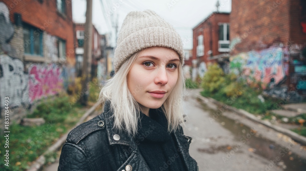 Fototapeta premium Young woman in winter gear poses in urban alley with vibrant street art