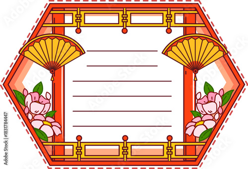 Kids memo note frame with Chinese, Japanese or Korean theme for message sticker, cartoon vector. Japanese fans and Asian decor with flowers for kids memo note or adhesive post and task planner label