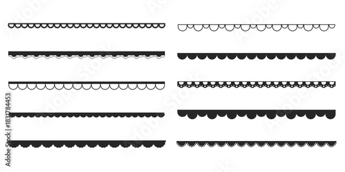 Scalloped edge lace border, textile frill stripe. scalloped border, frame, pattern isolated. Zigzag edge border, cutout decoration line frame collection