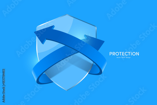  Two blue arrows swirl around a glass shield to protect against germs or viruses, vector 3d illustration isolated on blue background for Advertisements about medical or disinfectant products