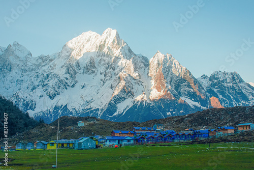 Bhimtang Village Under Snow-Covered Himalayan Mountains. Colorful nature landscapes