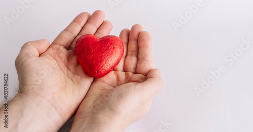 Hands holding red heart representing cardiovascular care protection heart health wellness support concept