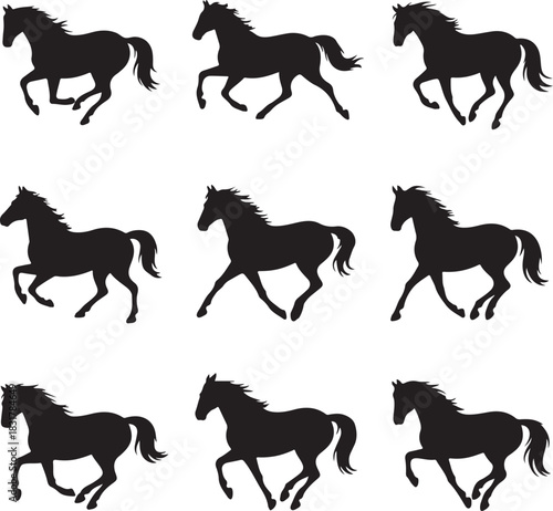 Collection of Black Horse Silhouettes in Running Poses on White Background