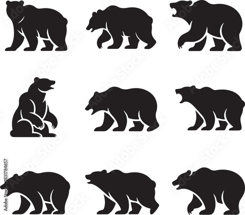 Collection of black bear silhouettes in various poses on white background