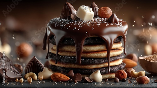 High protein pancake stack concept, Decadent chocolate dessert stacked high with toppings and drizzles.