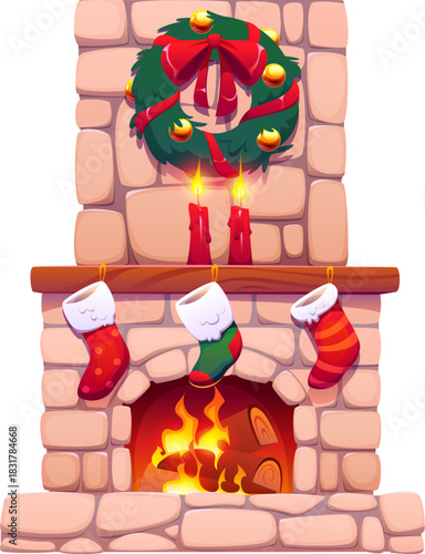 Cartoon Christmas fireplace with warm fire inside the stone furnace, hanging stocking on the shelf and glowing wreath above. Cozy retro vector xmas room interior with candles, traditional winter home