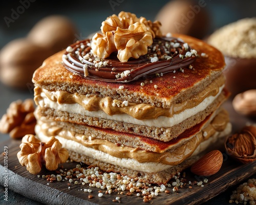High protein pancake stack concept, Delicious dessert with layers of cream and nuts on a wooden platter.